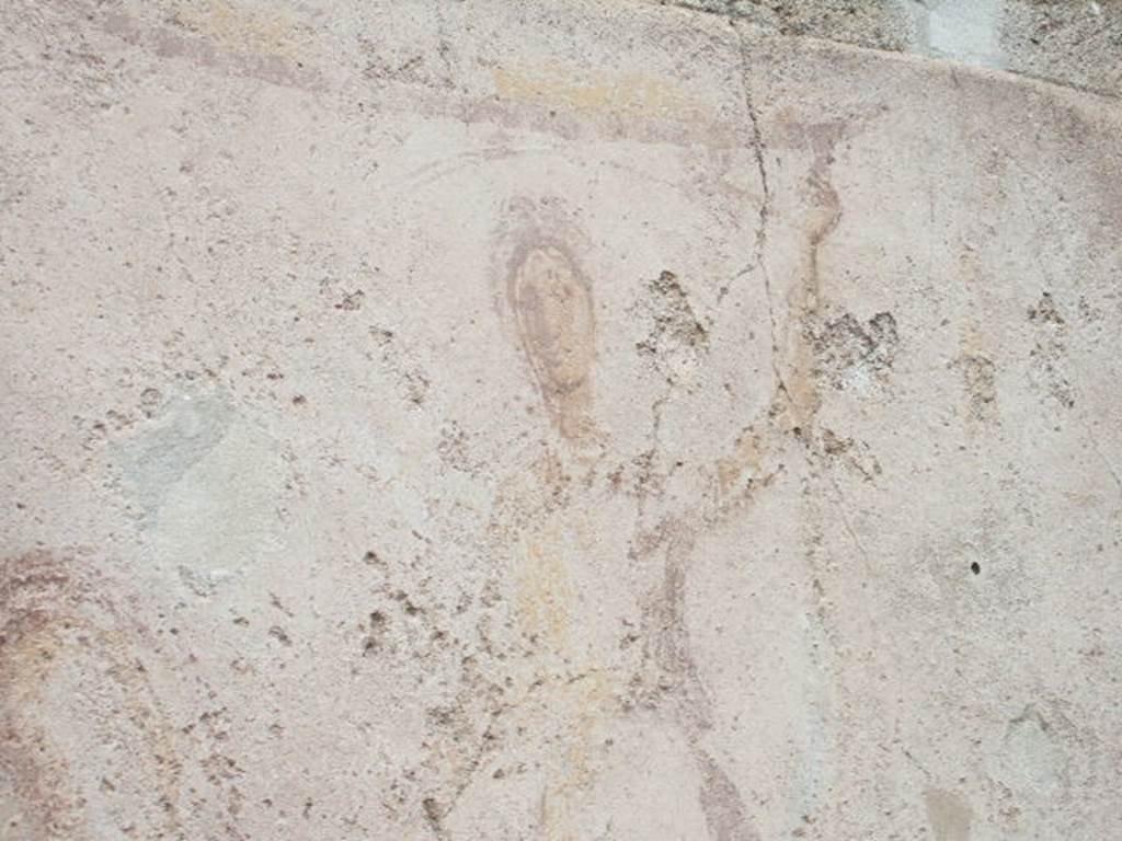 Painting above street altar on west side wall of I.11.1. May 2006. Detail of Lar on right-hand side.