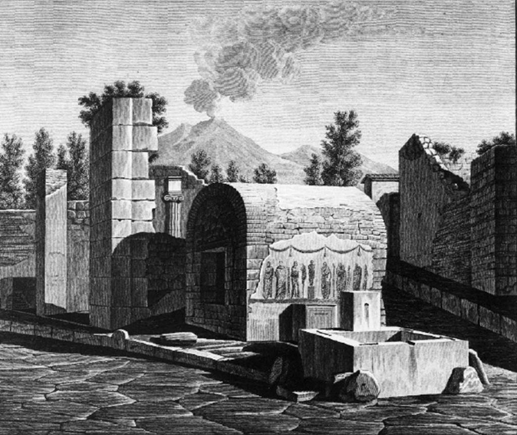 Pompeii. Street altar at VI.1.19. 1824. Drawing of altar and lararium painting with fountain and deep well. According to Frhlich, in the middle of the painting stood a base with a statue on it. On each side of the statue were three robed figures. Mazois says there were garlands above the figures. See Mazois, F., 1824. Les Ruines de Pompei: Second Partie. Paris: Firmin Didot. (p. 37. Pl 2,1). See Frhlich, T., 1991. Lararien und Fassadenbilder in den Vesuvstdten. Mainz: von Zabern.