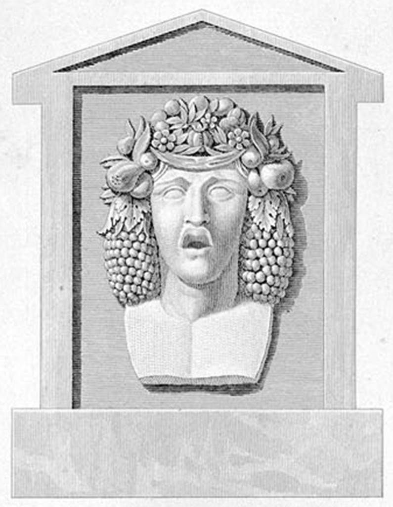 About 1810. Drawing by Mazois of fountain head of Bacchus, or a God of the countryside and crossroads. See Mazois, F., 1824. Les Ruines de Pompei: Second Partie. Paris: Firmin Didot. (p. 37, Pl. III Fig. II). According to Eschebach, during the earliest excavations in 1755, near the Street of the Graves, a representation of the god Vertumnus or Bacchus was found, in the form of a fountain profile, which fits the character of this residential area. 
This fountain in the form of a pilaster was discovered in VI. Ins. Occ. Via Consolare, see Mazois. Eschebach commented this permits no conclusions on the shape of the well basin.
See Eschebach, H., 1983. Pompeii, Herculaneum, Stabiae; Bollettino dell Associazione Internazionale Amici di Pompei 1. (pp. 15, 25, 26: Fig 33). This may, or may not, be the fountain from this site, see also the fountain description at II.3.5.
