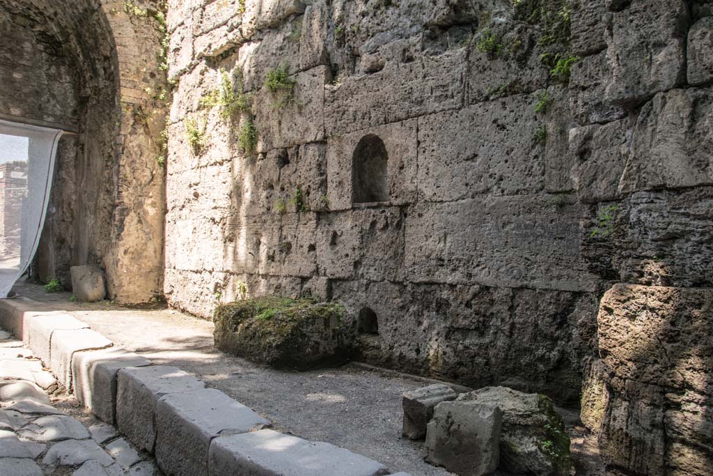 Porta Stabia Pompeii. June 2019. Looking north along east wall, inset with two niches. Photo courtesy of Johannes Eber.