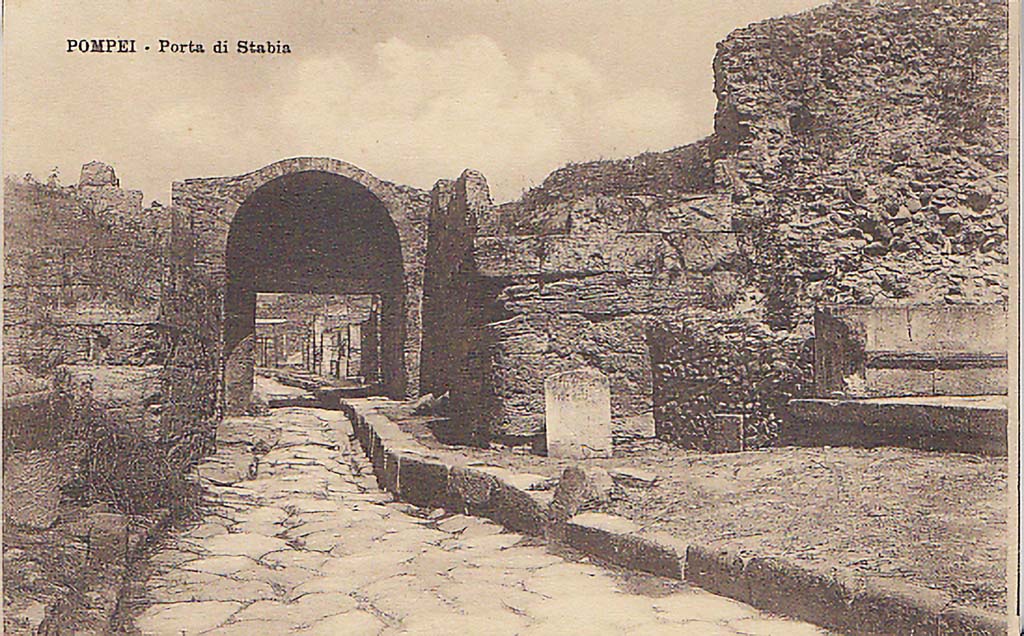 Pompeii Porta di Stabia or Stabian Gate. About 1900. Looking north through gate from outside the city. 
The north end of the schola tomb of Marcus Tullius can be seen on the right. Photo courtesy of Drew Baker.
