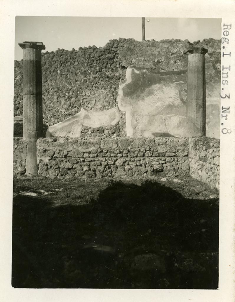 I.3.8 Pompeii. Pre-1937-39. 
Taken from the centre of the peristyle, looking towards the second and third columns of the north portico.  
Photo courtesy of American Academy in Rome, Photographic Archive.  Warsher collection no. 1497.
