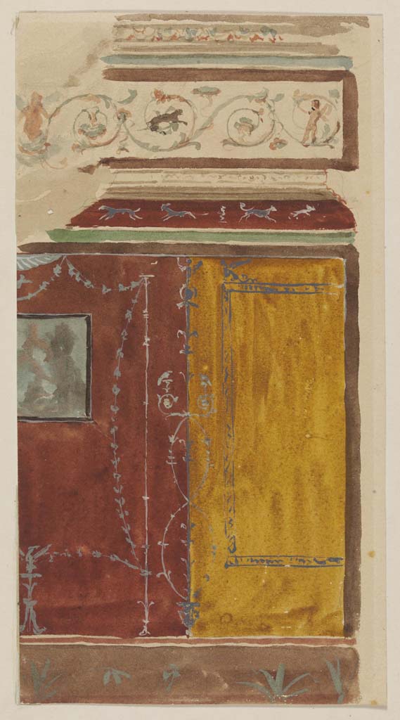 I.3.25 Pompeii. Undated painting by Luigi Bazzani showing west end of south wall of cubiculum.
Photo  Victoria and Albert Museum. Inventory number 2044-1900.
