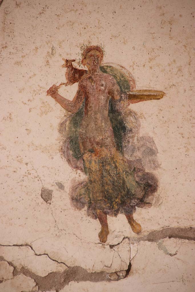 I.7.11 Pompeii. September 2021. 
Detail of painted decoration on west wall towards south end of triclinium. Photo courtesy of Klaus Heese.

