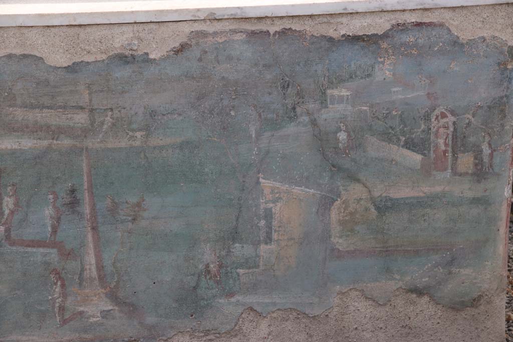 I.7.12 Pompeii. September 2021. 
Detail from painted panel on inside of west side of summer triclinium at north end. Photo courtesy of Klaus Heese.
