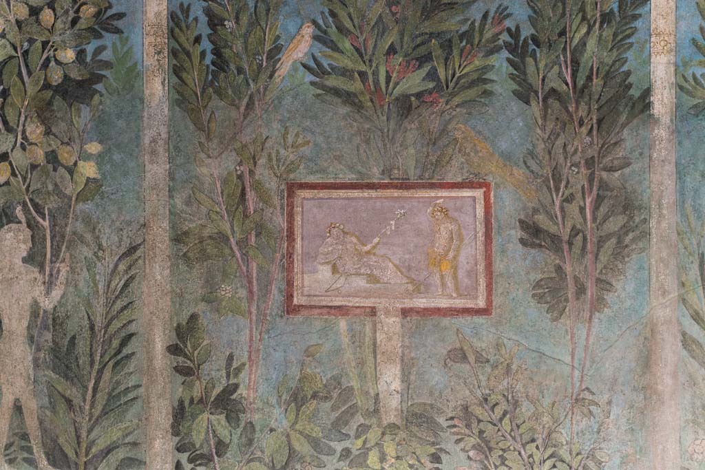 I.9.5 Pompeii. October 2022. Room 5, painted panel of Dionysus and Maenad from centre of east wall. Photo courtesy of Klaus Heese.