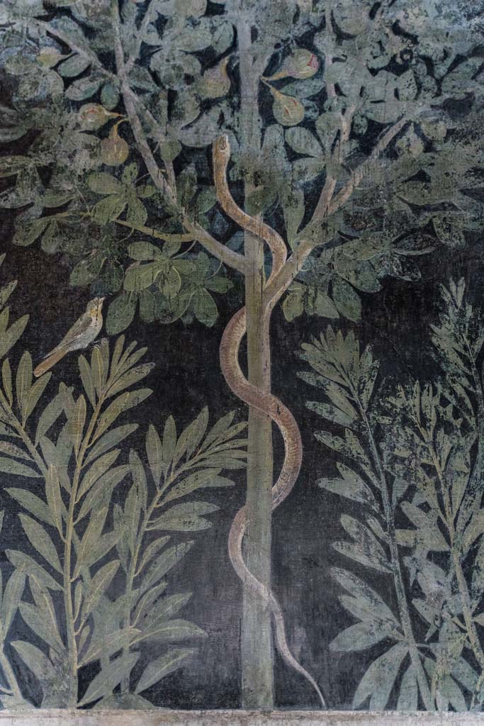 I.9.5 Pompeii. April 2022. 
Room 11, east wall of cubiculum with painting of a snake in a fig tree with birds.
Photo courtesy of Johannes Eber.
