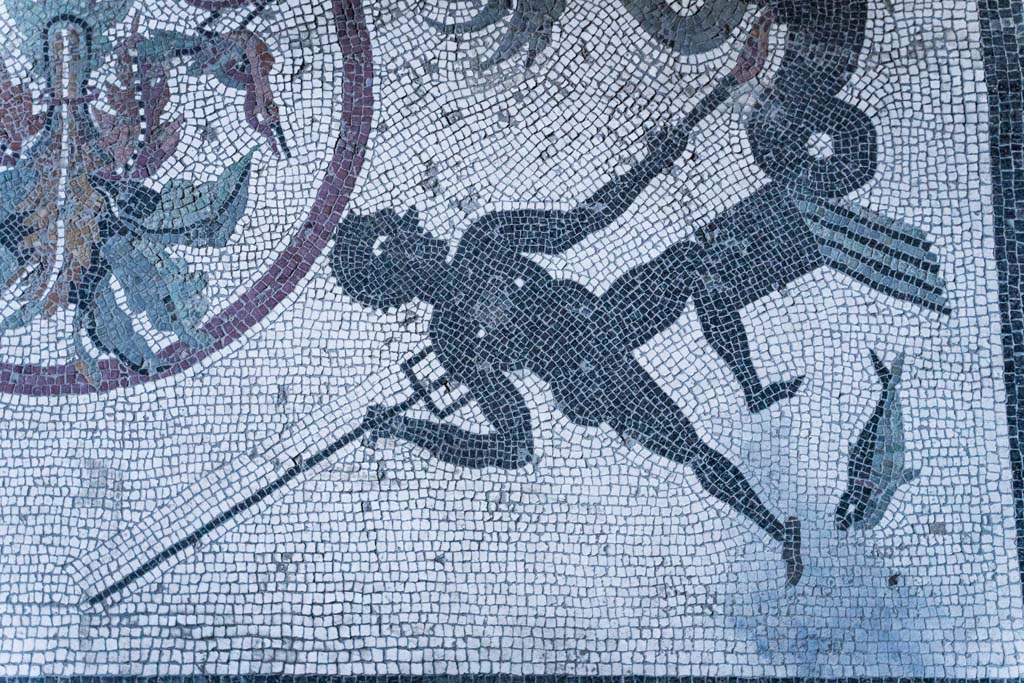 I.10.4 Pompeii. April 2022. Room 48, detail of figure on east side of floor mosaic. Photo courtesy of Johannes Eber.
