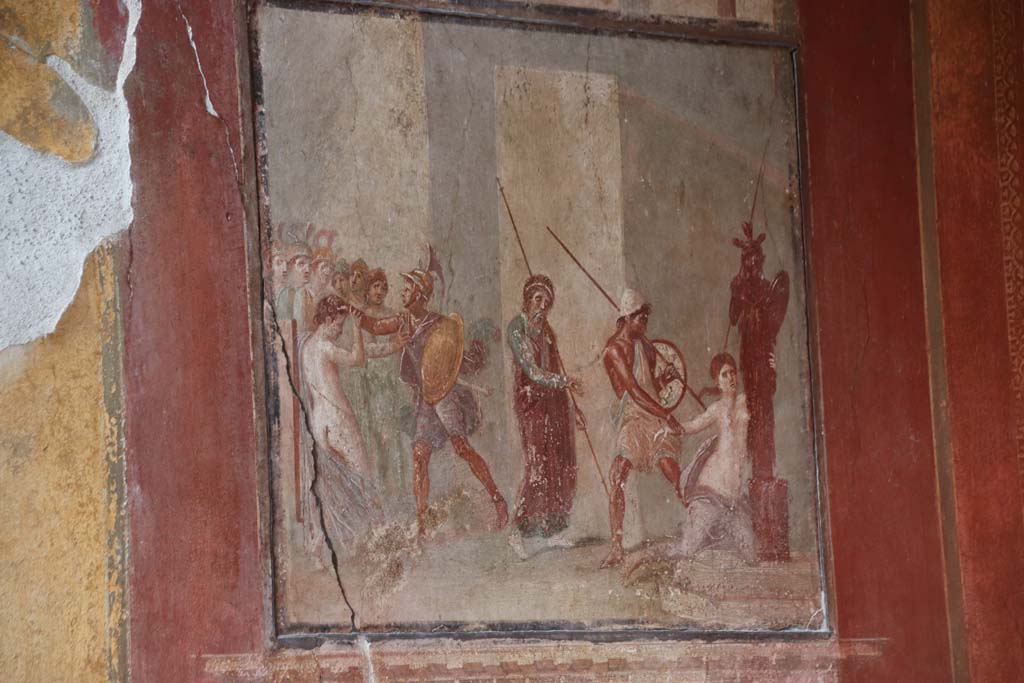 I.10.4 Pompeii. May 2017. Room 4, detail from panel on north wall with mythological scene. Photo courtesy of Buzz Ferebee.
