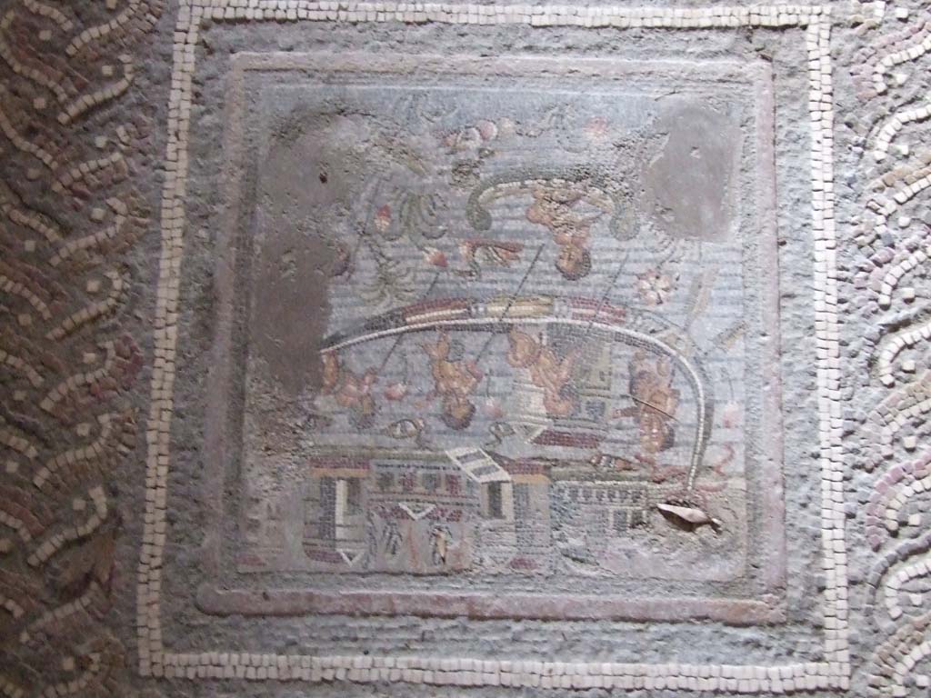 I.10.4 Pompeii. December 2006. Room 11, mosaic of pygmies in Nile scene in centre of mosaic floor.