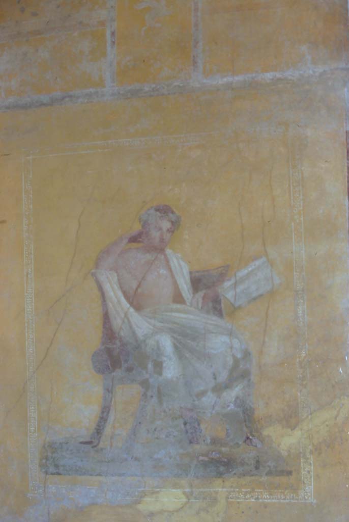 I.10.4 Pompeii, 7th August 1976. Alcove 23, west wall with wall painting of poet.
Photo courtesy of Rick Bauer, from Dr George Fays slides collection.
