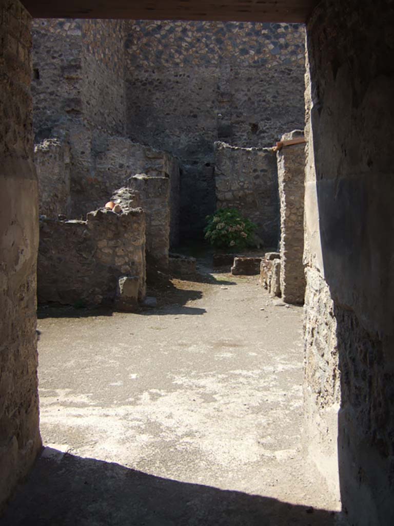 I.10.18 Pompeii. April 2017. Looking west from entrance corridor/fauces.
Photo courtesy Adrian Hielscher.
The entrance doorway enters through the spacious entrance corridor with rustic flooring and walls covered with fine black plaster, into a small tuscanic atrium. Opening, on either side of the entrance corridor, were rooms 2 and 3, both with door-jambs painted in red, both lit by a rectangular window which opened in the east wall overlooking the roadway. 
The room to the left of the fauces/corridor (room 2), probably a cubiculum, was decorated with a low light red zoccolo topped with a narrow red band edged by white lines and decorated with white geometric patterns. The upper area of the wall was simple white rough plaster. 
The room to the right (room 3) was an oecus, it was decorated with a high pink zoccolo, above which the part of the wall had been left of rustic white plaster, equally rustic was the flooring.
See Notizie degli Scavi, 1934, (p.341-4)




