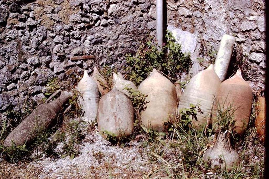 I.12.8 Pompeii. 1972. Room13, empty amphorae in north-west corner of rear garden. 
Photo by Stanley A. Jashemski. 
Source: The Wilhelmina and Stanley A. Jashemski archive in the University of Maryland Library, Special Collections (See collection page) and made available under the Creative Commons Attribution-Non Commercial License v.4. See Licence and use details. J72f0381
