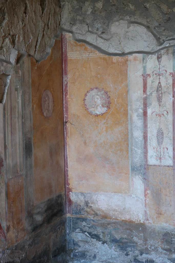 I.14.12, Pompeii. December 2018. 
Room 34, north-east corner with painted medallions. Photo courtesy of Aude Durand.
