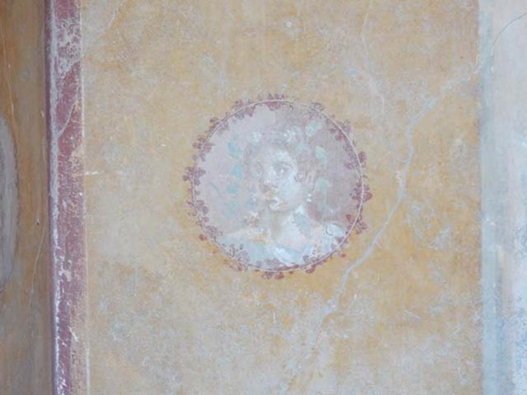 I.14.12, Pompeii. May 2018. Room 34, medallion at north end of east wall. Photo courtesy of Buzz Ferebee.