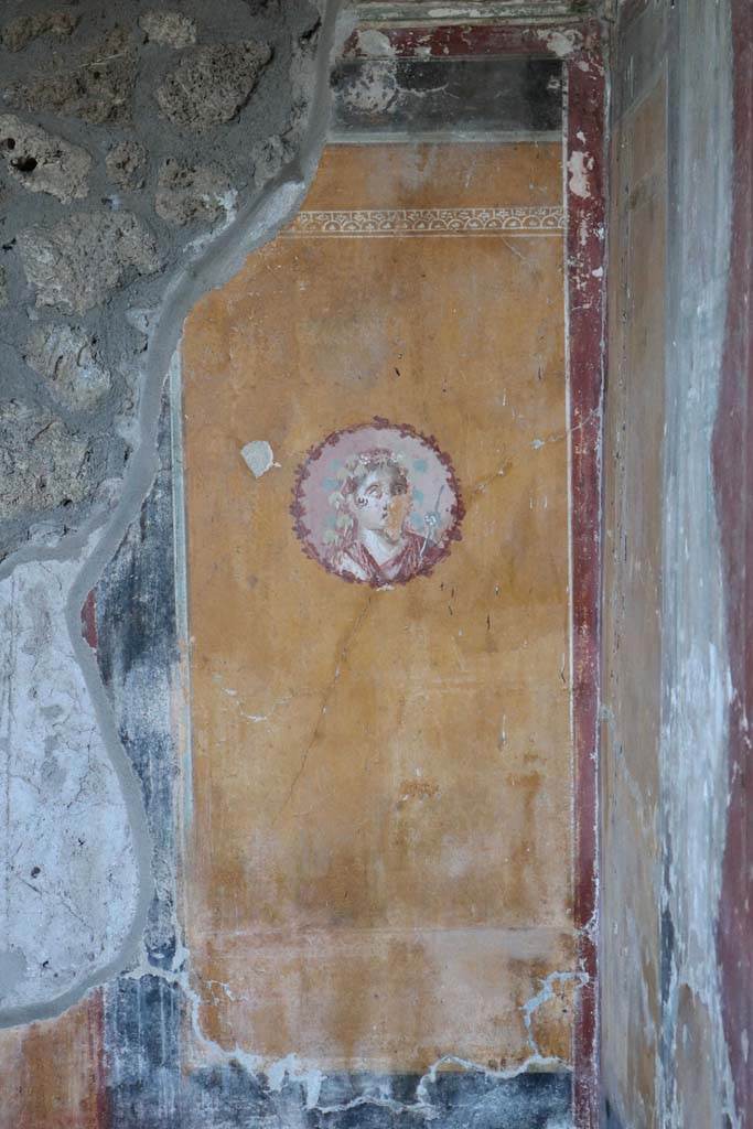 I.14.12, Pompeii. December 2018. Room 34, detail of medallion on east wall at south end. 
Photo courtesy of Aude Durand.

