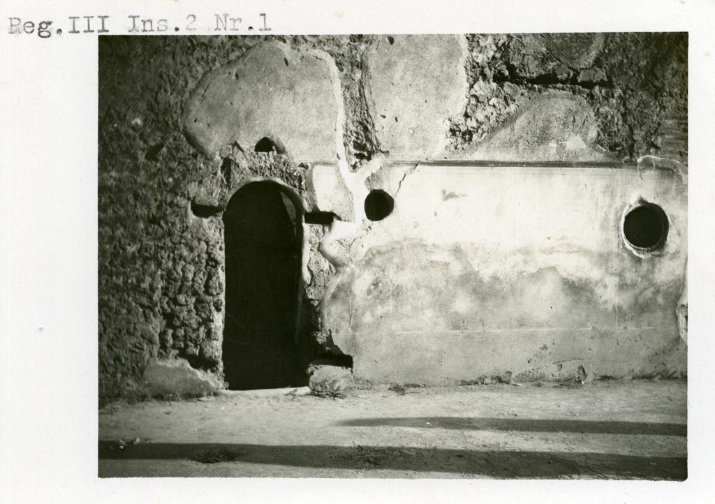 III.2.1 Pompeii. Pre-1937-39. South-east corner of portico, with doorway and windows to baths area.
Photo courtesy of American Academy in Rome, Photographic Archive. Warsher collection no. 1921.
