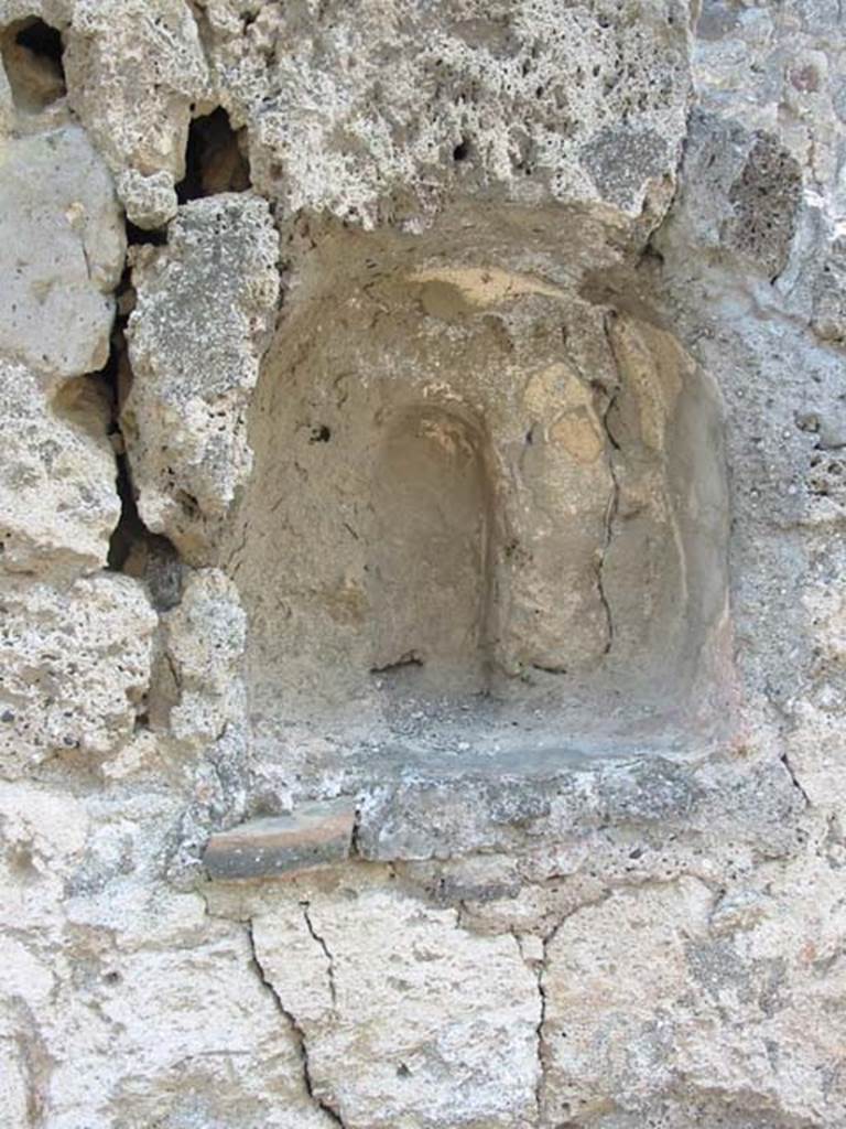 V.1.13 Pompeii. May 2003. Niche in south wall, with small vaulted recess at rear for a statue. 
Photo courtesy of Nicolas Monteix.
According to Boyce – 2 bronze statuettes were found in the room, one of a Lar (height 0.115), one of Mercury with winged petasos (height 0.112). 
He quoted references - Giorn. Scavi, N.S, iii, 1877, p.253, Bull. Inst, 1877 p.136, and VIOLA, Scavi, pp74, No.8, 75, No.18.
See Boyce G. K., 1937. Corpus of the Lararia of Pompeii. Rome: MAAR 14. (p.32, no.73) 
