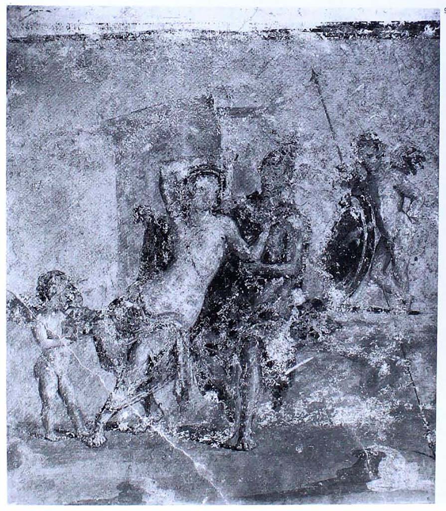 V.1.23/26, Room "t",  south wall. 
Mars with helmet on, sitting next to Venus, with a Cupid on either side. 
Now in Naples Archaeological Museum, inv. no. 111214.
See Carratelli, G. P., 1990-2003. Pompei: Pitture e Mosaici: Vol. III. Roma: Istituto della enciclopedia italiana, p. 618, no.91.

