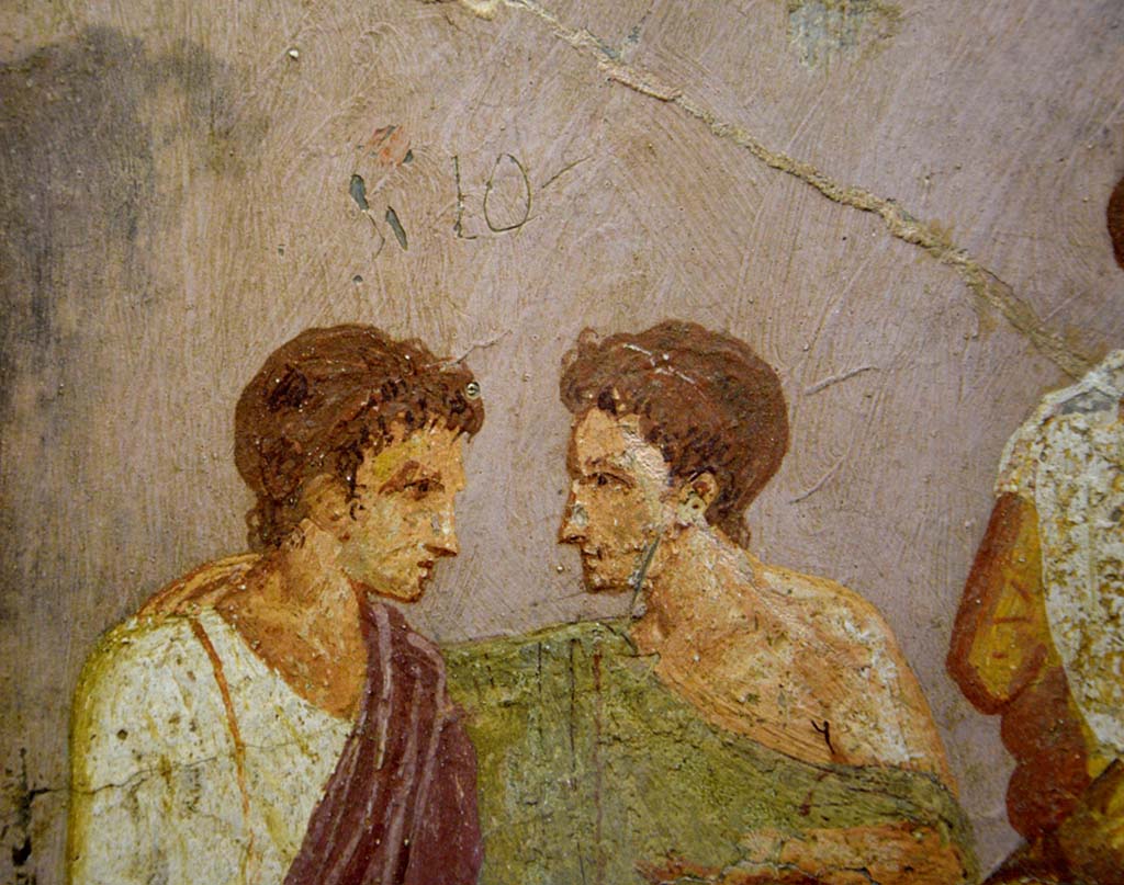 V.2.4 Pompeii. June 2017. 
Room 15, detail from painting of banqueting scene from east wall of triclinium. Photo courtesy of Johannes Eber.


