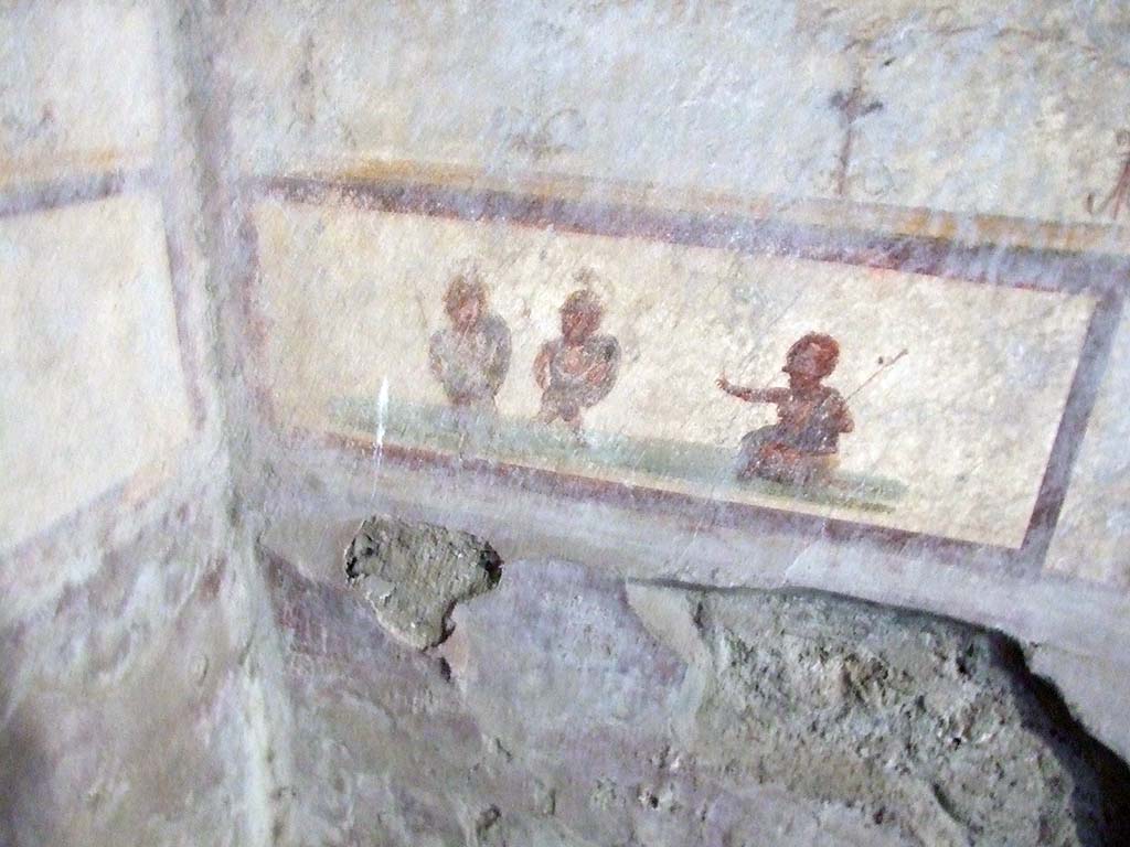 V.2.i Pompeii. December 2007. Room 9, wall painting of pygmies in predella of south end of west wall in south-west corner.