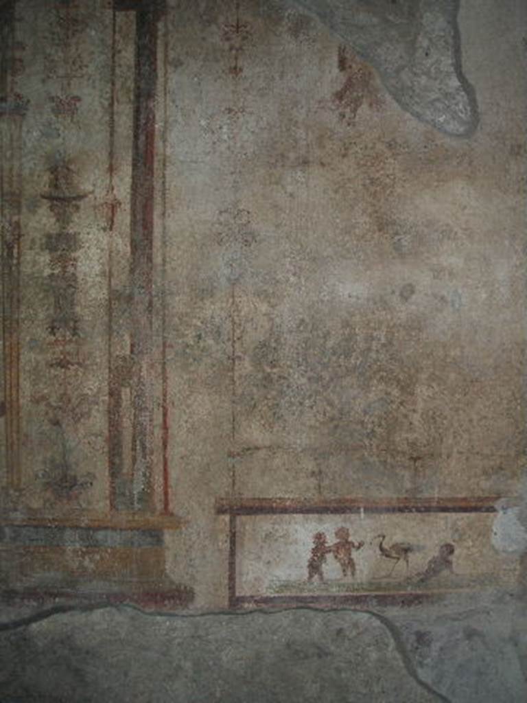 V.2.i Pompeii. May 2005. Room 9, wall painting of pygmies on west wall at north end.
