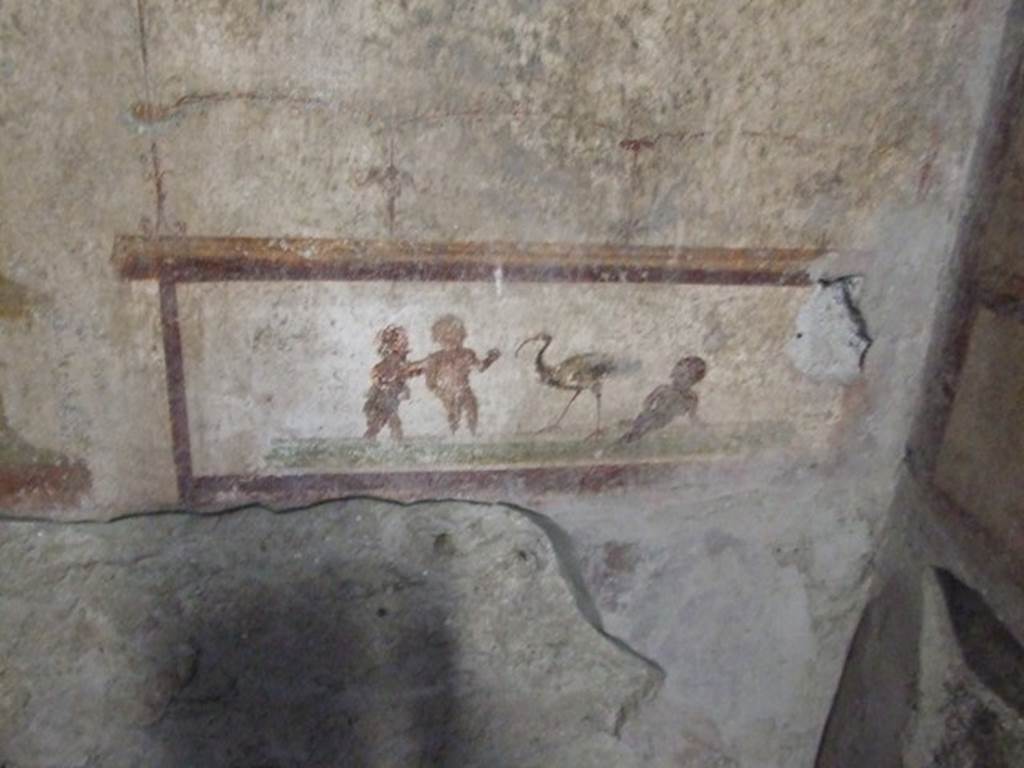 V.2.i Pompeii. December 2007. Room 9, detail of wall painting of pygmies with ibis on west wall at north end.