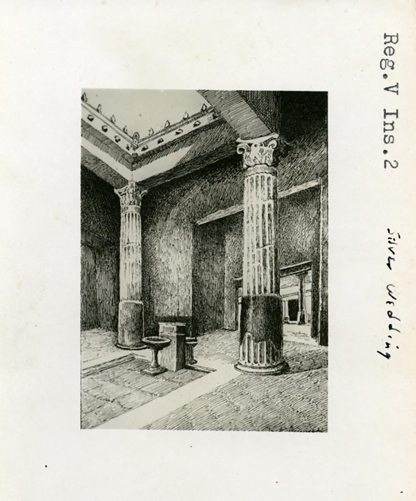 V.2.i Pompeii. Pre-1937-39. Drawing of south end of impluvium, looking through tablinum to peristyle.
Photo courtesy of American Academy in Rome, Photographic Archive. Warsher collection no. 500.
