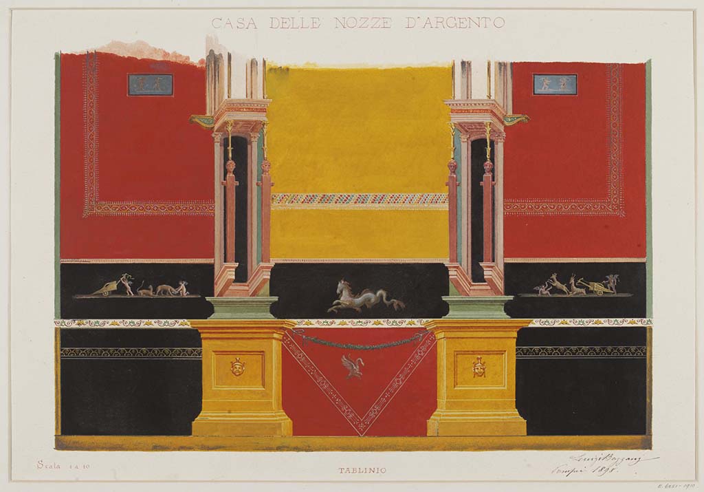 V.2.i Pompeii. 1898. Watercolour by Luigi Bazzani, showing detail of painted decoration on zoccolo of walls in tablinum.
Photo © Victoria and Albert Museum, inventory number E.6251-1910.
