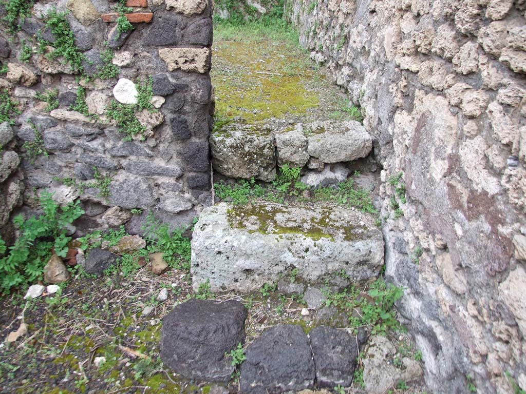 V.3.3 Pompeii. May 2010. Steps to doorway of rear room in north-east corner of shop.