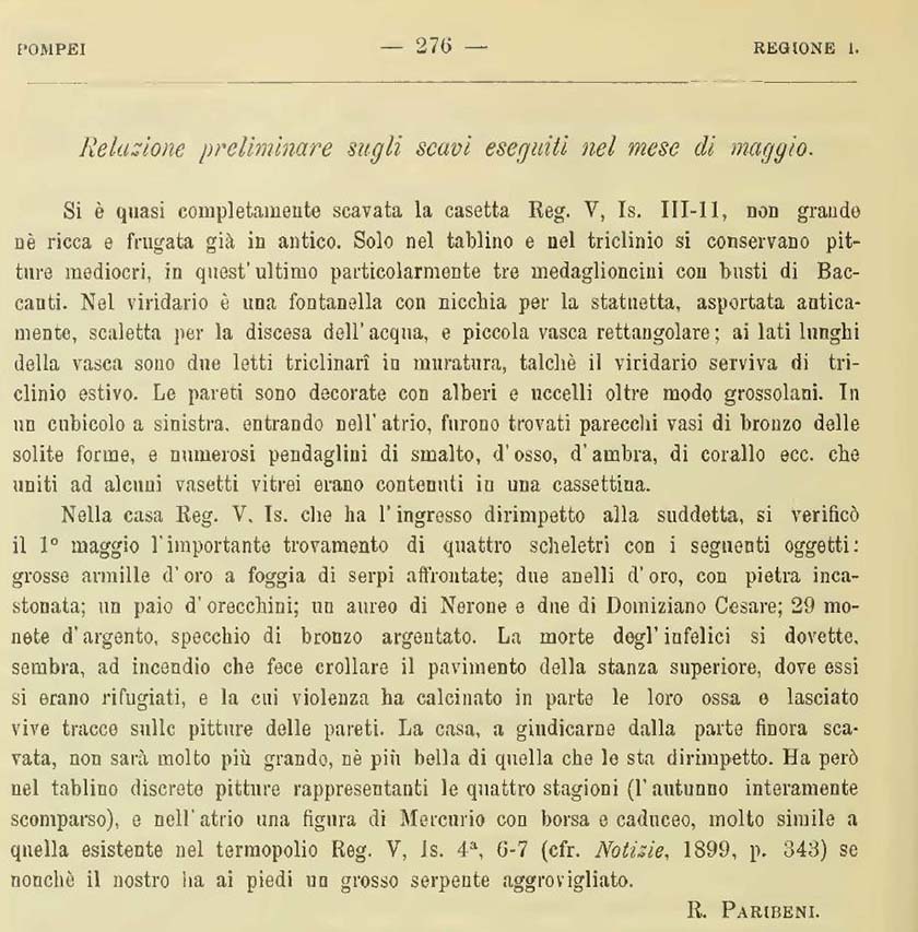 V.3.11 Pompeii. Report by Paribeni in Notizie degli Scavi, 1902, (p.276).