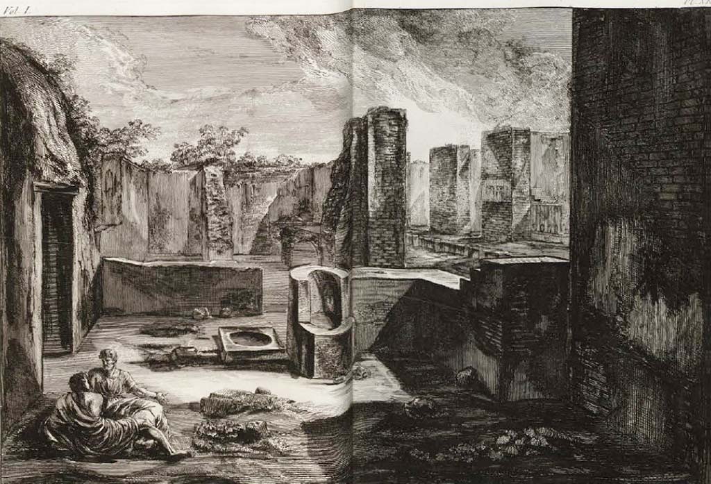 VI.1.5 Pompeii. Pre-1778 drawing by J. B. Piranesi, engraved by F. Piranesi, published 1804. 
Looking south towards rear of counter and hearth, with Via Consolare, on right.
See Piranesi, F, 1804. Antiquités de la Grande Grèce : Tome I. Paris : Piranesi and Le Blanc. Vol. I, pl. XII.
