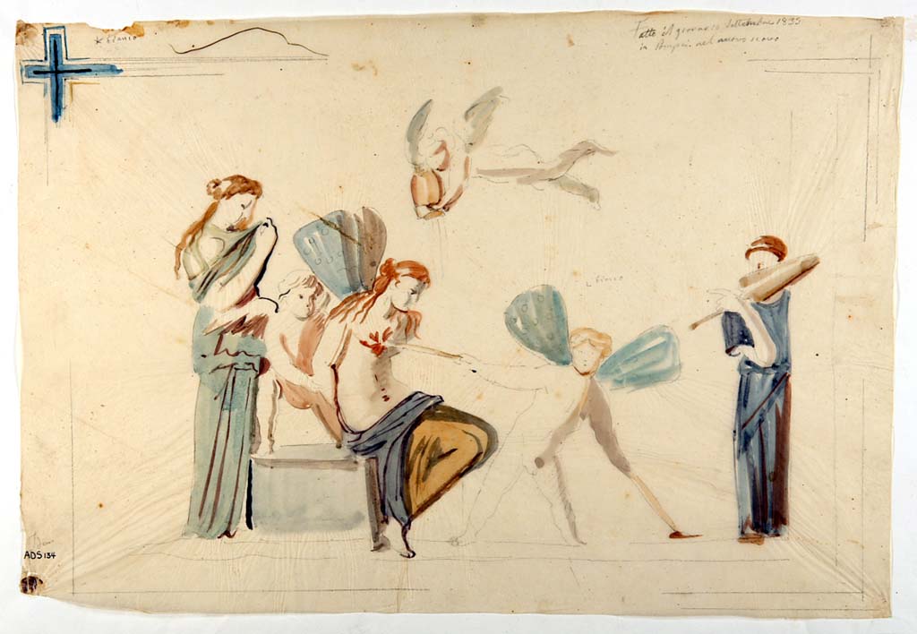 VI.5.1 and VI.5.2 Pompeii. Painting made by Giuseppe Marsigli, 10th September 1835 showing the torture of Psyche. 
According to Helbig, this painting had been destroyed, (see Helbig 854) but now in Oxford Ashmolean Museum.
Now in Naples Archaeological Museum. Inventory number ADS 134.
Photo  ICCD. http://www.catalogo.beniculturali.it
Utilizzabili alle condizioni della licenza Attribuzione - Non commerciale - Condividi allo stesso modo 2.5 Italia (CC BY-NC-SA 2.5 IT)
