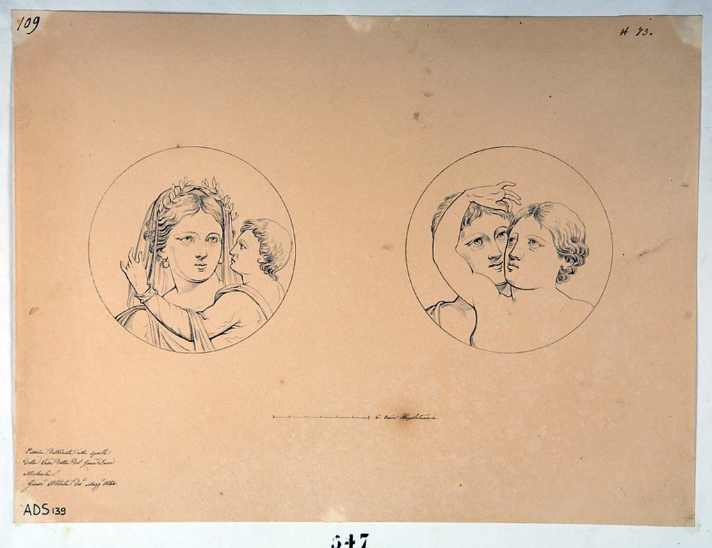 VI.5.3 Pompeii. Drawing by Giuseppe Abbate, 1844, of painted medallions found in the tablinum, showing Aphrodite and cupid, on left. 
On the right is a drawing of a painted medallion showing Maenad and Satyr. 
Now in Naples Archaeological Museum. Inventory number ADS 139.
The paintings have now completely disappeared. 
Photo © ICCD. http://www.catalogo.beniculturali.it
Utilizzabili alle condizioni della licenza Attribuzione - Non commerciale - Condividi allo stesso modo 2.5 Italia (CC BY-NC-SA 2.5 IT)
