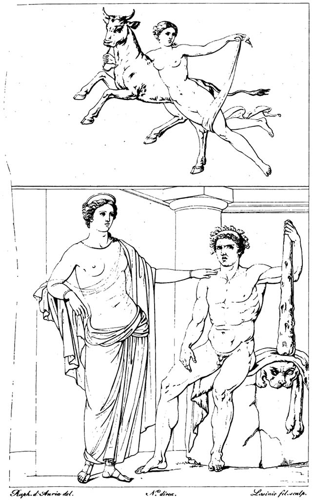 VI.7.6 Pompeii. Pre-1827 drawing of wall paintings, according to RMB found in the same room. 
Drawing of a young woman holding onto the neck of a bull, (top).
According to RMB, this painting was found in the centre of the wall opposite the lower drawing.
It was thought to be an interpretation of Jupiter kidnapping Europa, (Europa on the bull) but in this painting it was recognised as a Bacchante celebrating with the Dionysian bull. 
Drawing of wall painting of Hercules and Iole, (lower).
According to RMB, this painting came from a room of a small house behind the Crypt of the Building of Eumachia.
It shows Hercules crowned with oak sitting on a lions skin, holding his club, with Iole. 
See Real Museo Borbonico: Vol. III, 1827, Tav. XIX.
(Note, the description of the house as being from a house behind the Crypt of Eumachias building, would seem to locate it as from VII.9.60/63.
That location also provided a drawing of a painting of Europa on the bull, which seems very similar. However, in that room is no mention of Hercules and Iole.
In this house, VI.7.6, there is mention of a painting of Hercules and Iole on the east wall of the triclinium, but no mention of Europa or a Bacchante.)
