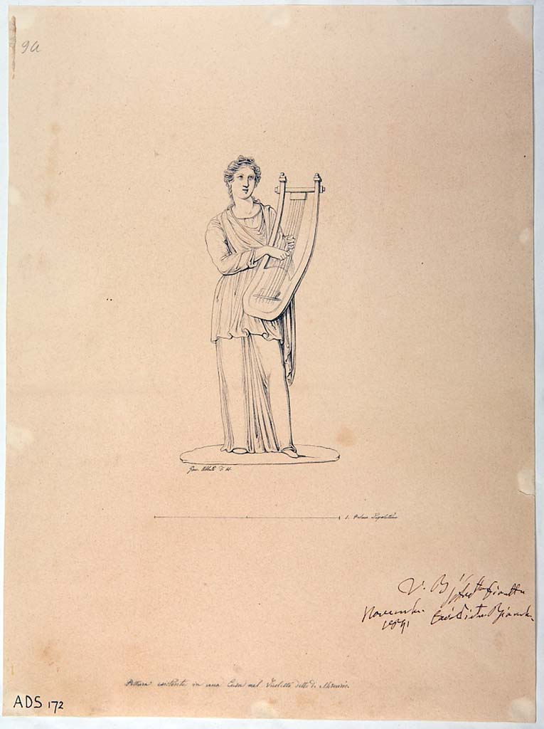 VI.7.6 Pompeii. Room 10, east wall of triclinium. Drawing by Giuseppe Abbate, 1841, showing the Muse, Terpsichore, with zither. (Helbig 870)
Now in Naples Archaeological Museum. Inventory number ADS 172.
Photo  ICCD. http://www.catalogo.beniculturali.it
Utilizzabili alle condizioni della licenza Attribuzione - Non commerciale - Condividi allo stesso modo 2.5 Italia (CC BY-NC-SA 2.5 IT)
