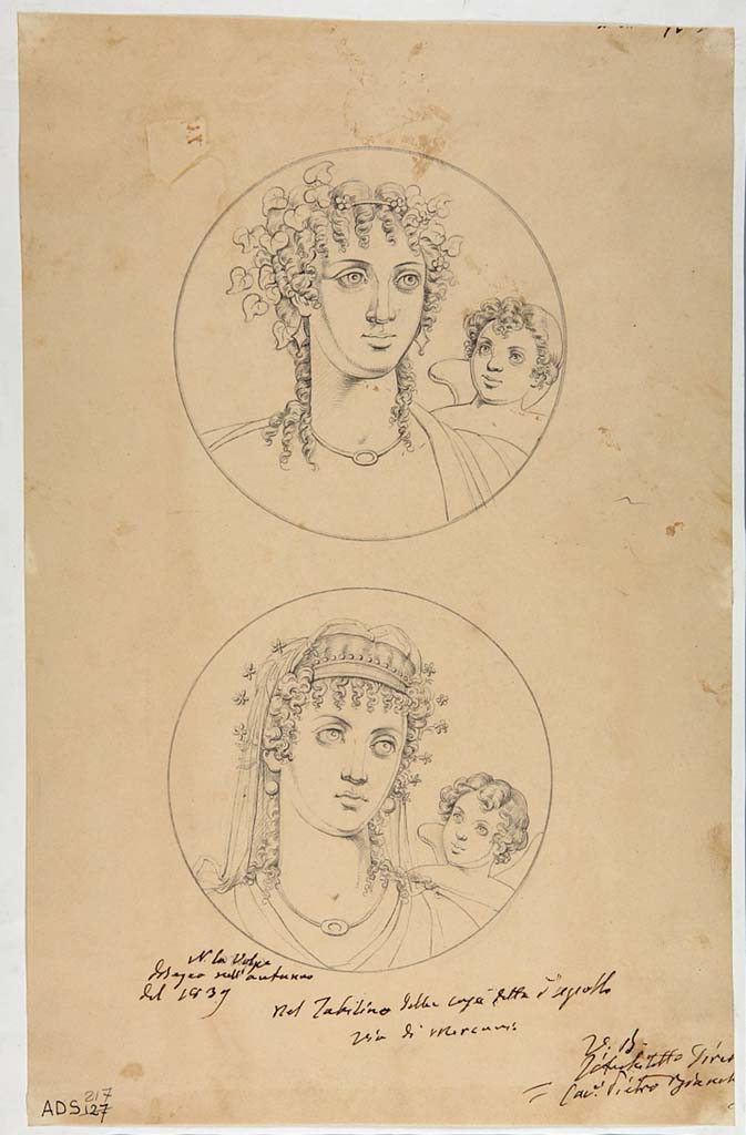 VI.7.23 Pompeii. Pen and ink drawings by N. La Volpe, Autumn 1839, of two medallions from tablinum showing female head with cupids standing behind them.
These may represent the Seasons; the upper one may represent Spring and can be seen on the east end of the south wall.
The lower female head may represent Winter, but it cannot be accurately located as the medallions have now faded and become unrecognisable.
They both have the same necklace but different earrings. These possibly would have both been seen on the south wall.
Now in Naples Archaeological Museum. Inventory number ADS 217.
Photo © ICCD. http://www.catalogo.beniculturali.it
Utilizzabili alle condizioni della licenza Attribuzione - Non commerciale - Condividi allo stesso modo 2.5 Italia (CC BY-NC-SA 2.5 IT)
