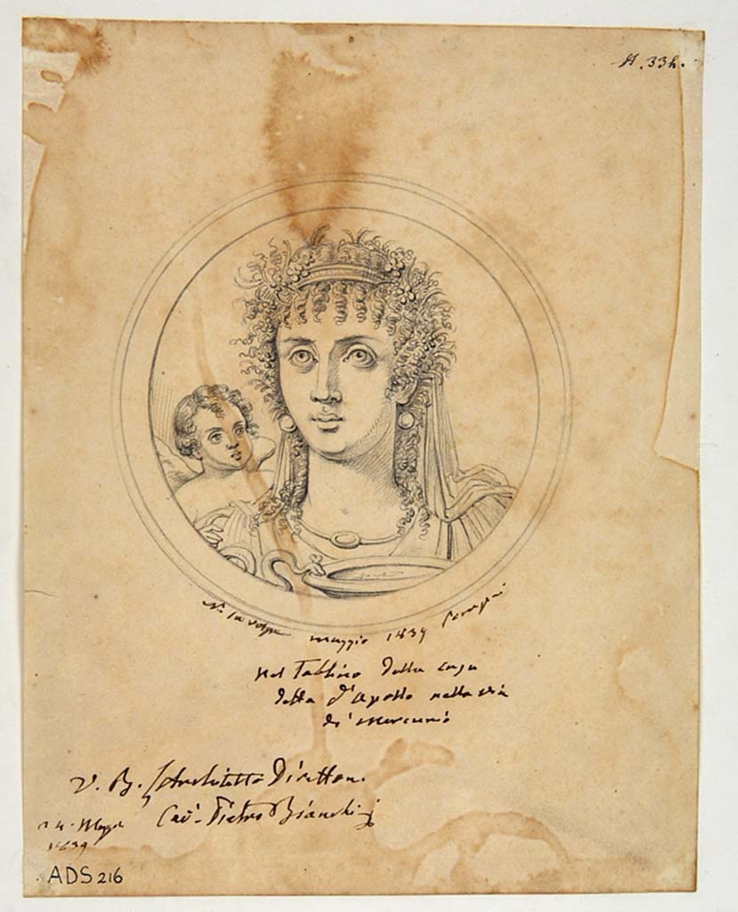 VI.7.23 Pompeii. Pen and ink drawing by Giuseppe Abbate, May 1839, of one of the medallions from the tablinum. 
This medallion may be Summer, which shows her holding a cup from which a serpent is drinking, held by the tail by the cupid behind her right shoulder.
It may have been the one from the east end of the north wall.
Now in Naples Archaeological Museum. Inventory number ADS 216.
Photo © ICCD. https://www.catalogo.beniculturali.it
Utilizzabili alle condizioni della licenza Attribuzione - Non commerciale - Condividi allo stesso modo 2.5 Italia (CC BY-NC-SA 2.5 IT)
