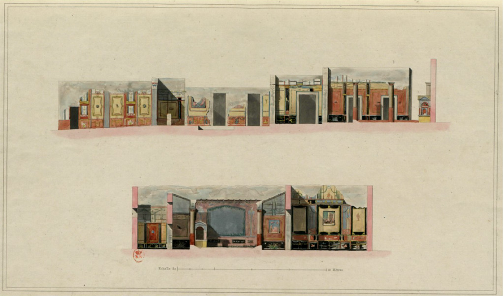 VI.8.3/5 Pompeii. 1828. Watercolour painting of cross sections on the house.
See Raoul Rochette et Bouchet J., 1828. Choix d'Edifices Inédits : Maison du Poète Tragique. Paris, pl 2.

