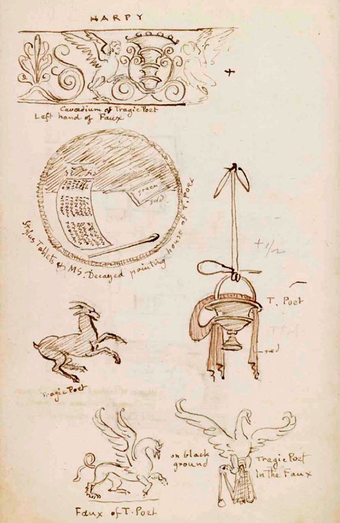 VI.8.5 Pompeii. c.1830. Drawings from sketchbook, some described as coming from the Faux (fauces/entrance corridor).
Harpy: Cavaedium of Tragic Poet left hand of Faux.
Swan with bandages from Tragic Poet in the Faux.
Griffin from Faux of T. Poet.
From the house but location not specified:
Stylus tablets and manuscript. Decayed painting House of T. Poet.
Goat or buck Tragic Poet.
Vessel with ribbon in red T. Poet.
See Gell, W. Sketchbook of Pompeii, c.1830. 
See book from Van Der Poel Campanian Collection on Getty website http://hdl.handle.net/10020/2002m16b425
