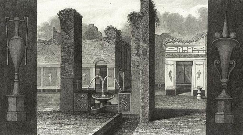VI.8.20 Pompeii. Fountain in the fullery of L. Veranius Hypsaeus, drawing by Gell.
Between the two pillars at the south end of the east side of the portico there was a fountain.
This was unlike any other fountain found at Pompeii so far.
It consisted of a marble basin supported by a small, fluted pedestal which stood in a pool of unusual shape.
Water jetted from pipes (concealed in the projection a low wall attached to each pillar) falling into the basin.
It then overflowed into the pool.
On the left pillar was a painting of a river god, on the opposite pillar a painting of standing female figure.
There was also a painting of Bacchus and of Apollo on the low walls flanking the pillars.
There was also a painting of an altar with two large serpents on one of the pillars.
On three sides of the corner (left) pillar was a remarkable series of four paintings which pictured in detail the various processes in the fulling industry.
See Jashemski, W. F., 1993. The Gardens of Pompeii, Volume II: Appendices. New York: Caratzas. (p.134, figs 145 to 148).
According to Kuivalainen  
On the south pillar, depictions of a fullonica (now in MANN). On the east wall, a young standing Bacchus with a panther.
See Kuivalainen, I., 2021. The Portrayal of Pompeian Bacchus. Commentationes Humanarum Litterarum 140. Helsinki: Finnish Society of Sciences and Letters, p.96, B4, as well as p.111, C8 for another young Bacchus with a panther in the same area, on the same wall.

