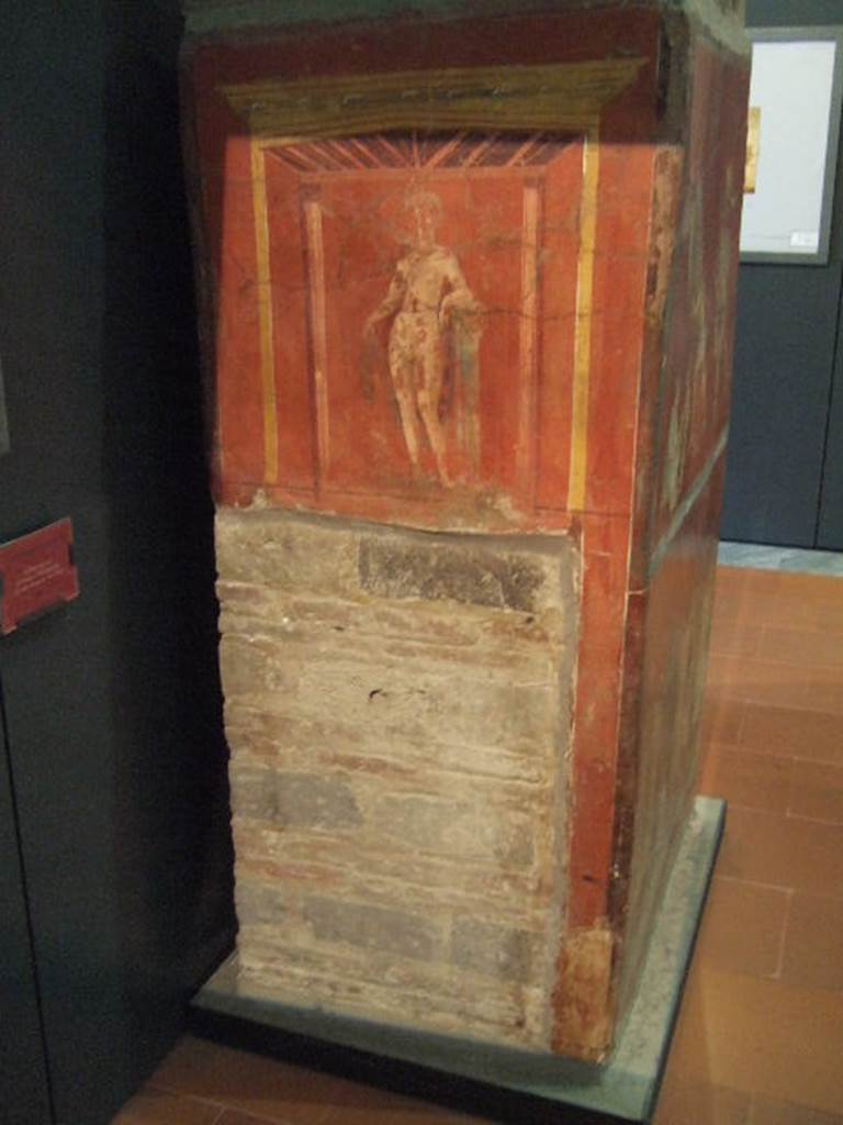 Left hand side of pillar with fullonica scenes, found in the Fullonica at VI.8.20.  Painted aedicula with painting of naked female figure, with crown. Her left elbow is leaning on a pillar and her right hand holds a corner of the fabric that hangs over her back. According to Helbig this is possibly Venus. Jashemski suggest that she is a water nymph typical of those found in later excavations. Now in Naples Archaeological Museum. Inventory number 9974.
See Helbig, W., 1868. Wandgemlde der vom Vesuv verschtteten Stdte Campaniens. Leipzig: Breitkopf und Hrtel. (1502). See Jashemski, W. F., 1993. The Gardens of Pompeii, Volume II: Appendices. New York: Caratzas. (p.134-5).