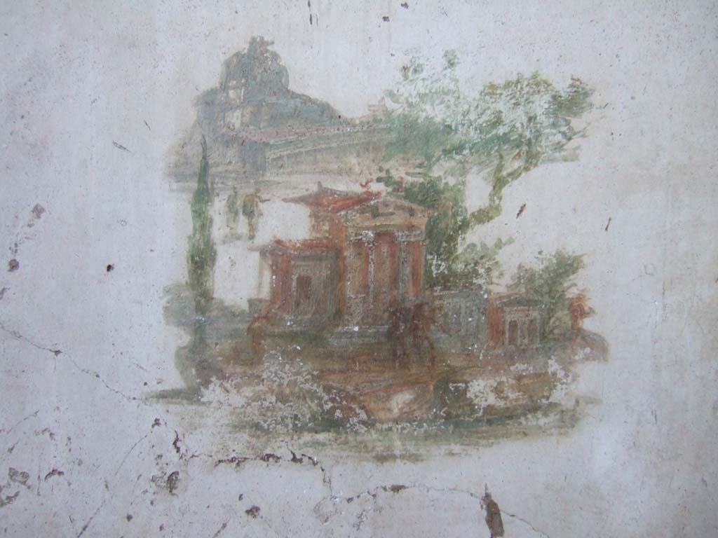 VI.8.23 Pompeii. September 2005. Painted architectural scene from south wall of cubiculum.