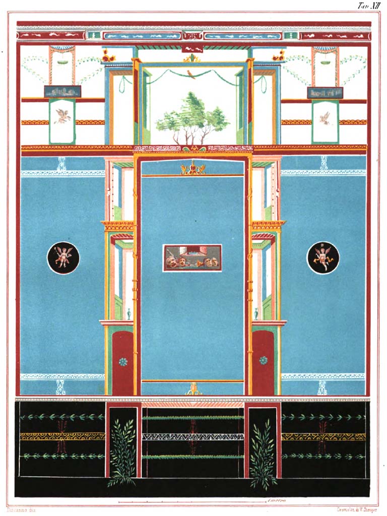 VI.8.24 Pompeii. Chromolithograph by Vittorio Steeger from a design by G. Discanno, of one of the two side walls of the tablinum, possibly the north wall.
The painting in the middle represents some tragic masks beneath a window, with flying cupids in medallions on either side.
See Presuhn, E and Steeger, V. Le piu belle pareti di Pompei, (III, Tav. II).
See Helbig, W., 1868. Wandgemälde der vom Vesuv verschütteten Städte Campaniens. Leipzig: Breitkopf und Härtel, 1745.
