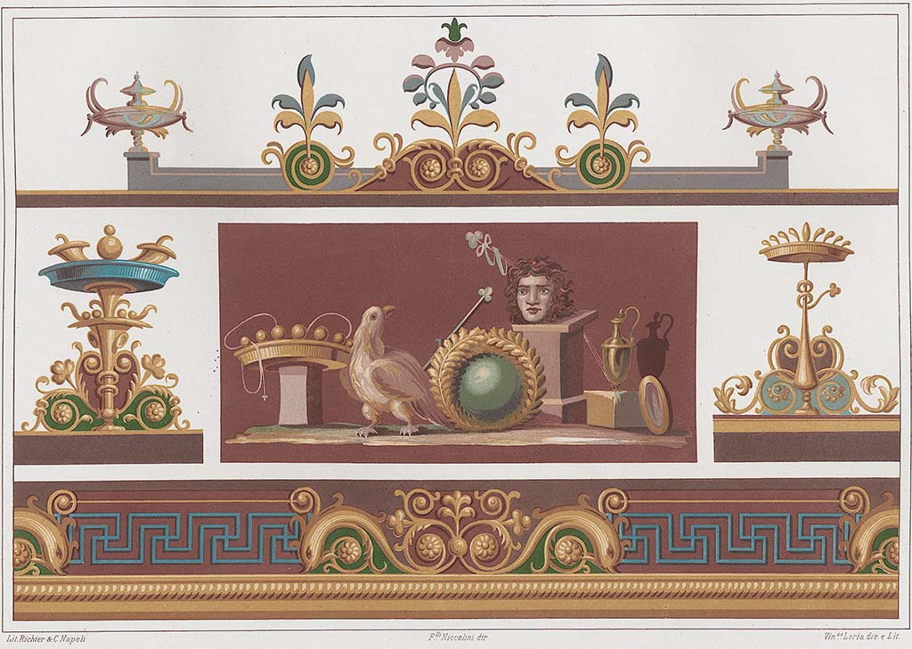 VI.8.24 Pompeii. Painting by Niccolini showing various details.
According to Niccolini –  
“Wall painting. There are few paintings of the upper walls found in Pompeii, since almost all are fallen. 
This is the third that we publish, which is much richer, and in the whole similar to the others. 
The site where this was found is uncertain……………………”
See Niccolini, F., 1862. Le Case ed i Monumenti di Pompei: Book 2, (Tav. LI).
