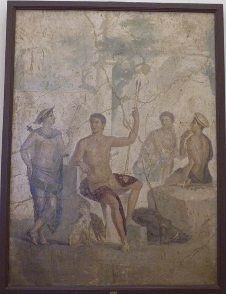 VI.9.5 Pompeii.  Found 27th April 1829.  Tablinum.  North wall.  Wall painting of Meleager and Atalanta.  At their feet is the head of the killed Calydonian Boar. Now in Naples Archaeological Museum.  Inventory number 8980.