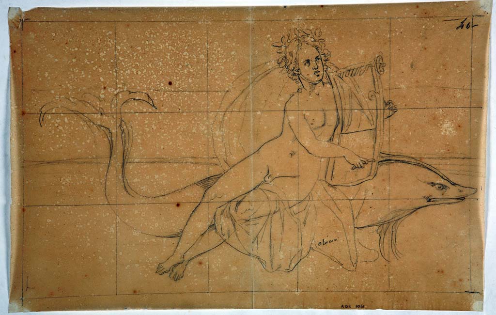 VI.9.6 Pompeii.  Room 8, drawing by Giuseppe Marsigli of panel showing Arion on a dolphin playing the lyre, from west end of north wall.
Now in Naples Archaeological Museum. Inventory number ADS 1041.
Photo © ICCD. http://www.catalogo.beniculturali.it
Utilizzabili alle condizioni della licenza Attribuzione - Non commerciale - Condividi allo stesso modo 2.5 Italia (CC BY-NC-SA 2.5 IT)
This panel can also be seen in Museo Borbonico X, tav.VII, by La Volpe. (Helbig 1377).
