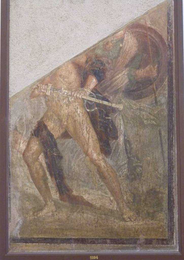 VI.9.6 Pompeii. Found on 18th June 1828 in room 9, on the north wall of the tablinum. Remains of wall painting of Achilles drawing his sword to fight Agamemnon. Now in Naples Archaeological Museum. Inventory number 9104. See Helbig, W., 1868. Wandgemälde der vom Vesuv verschütteten Städte Campaniens. Leipzig: Breitkopf und Härtel. (1307).
