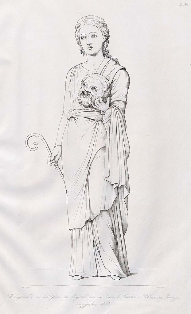 VI.9.6 Pompeii. Pre-September 1859. 
Drawing by Zahn of Thalia the muse of comedy from north wall of tablinum.
See Zahn, W., 1852-59. Die schönsten Ornamente und merkwürdigsten Gemälde aus Pompeji, Herkulanum und Stabiae: III. Berlin: Reimer, taf .98.
According to Giovambatista Finati in RMB, 
This is Thalia shown with a mask in her left hand, and the pedum in her right: a long red sistide (gown) covered with a magnificent green mantle forms her clothing, as a thin ribbon that encircles her short and dark hair and is attached to the middle of the top of her forehead is the only ornament that decorates her head.
She has her feet shod.
See Real Museo Borbonico Vol. IX, 1833, Tav. XXXIV.

