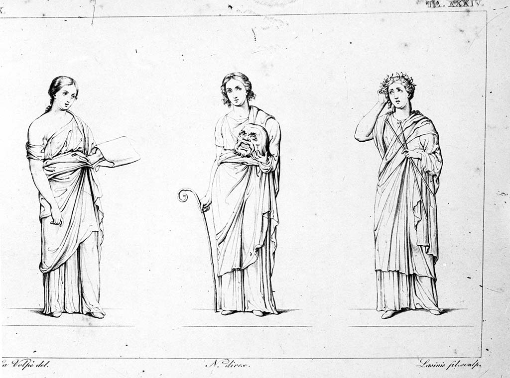 VI.9.6 Pompeii. 1833 drawing by Nicola La Volpe of three Muses seen in the architecture on north and south wall of tablinum.
Photo by Tatiana Warscher. W.201. Photo © Deutsches Archäologisches Institut, Abteilung Rom, Arkiv. 
According to Giovambatista Finati in RMB, 
Thalia is shown in the middle with a mask in her left hand, and the pedum in her right.
On one side is Clio holding an unrolled papyrus with her left hand. 
On the other side is Euterpe clasping two tibiae in her left hand and holding her right hand to her head crowned with leaves. 
See Real Museo Borbonico Vol. IX, 1833, Tav. XXXIV.

According to PPM – on the north wall were Calliope with scroll (see Helbig.861) and Thalia with pedum and mask (Helbig 879).
On the south wall was Euterpe with double flute (see Helbig 864). 
See Carratelli, G. P., 1990-2003. Pompei: Pitture e Mosaici. IV. Roma: Istituto della enciclopedia italiana, p. 912.

